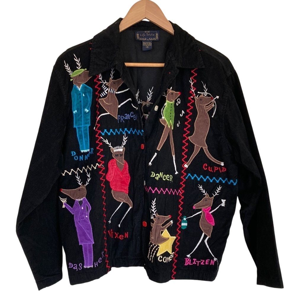 Life Style Corduroy Christmas Shirt‎ Jacket Womens Size S Reindeer Button Up
